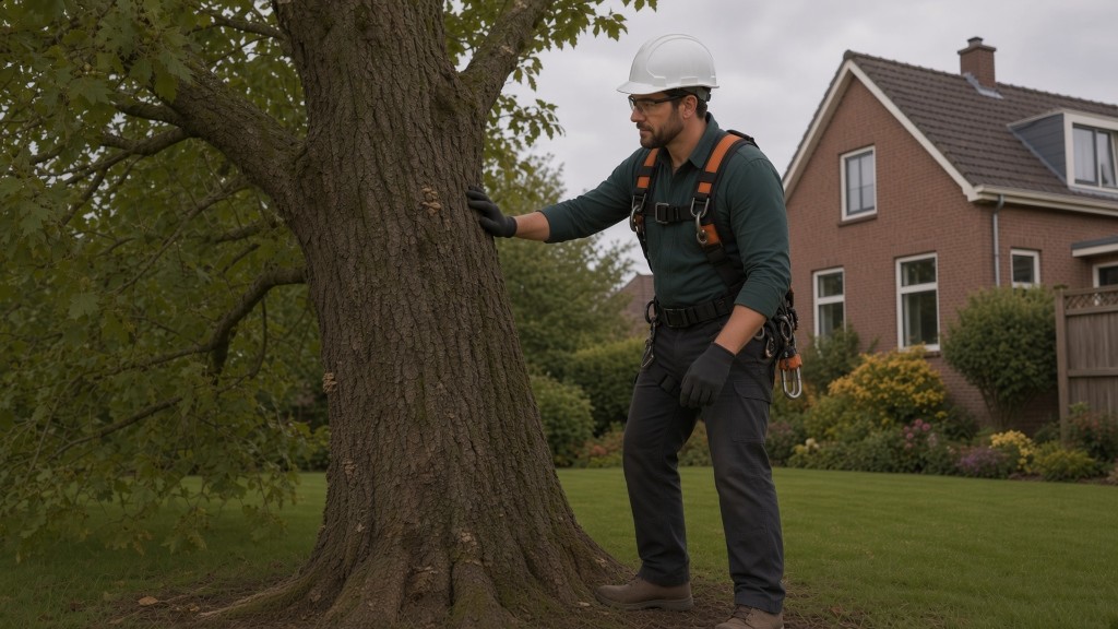 Boomverzorger beoordeelt de stam van een tuinboom naast een woning